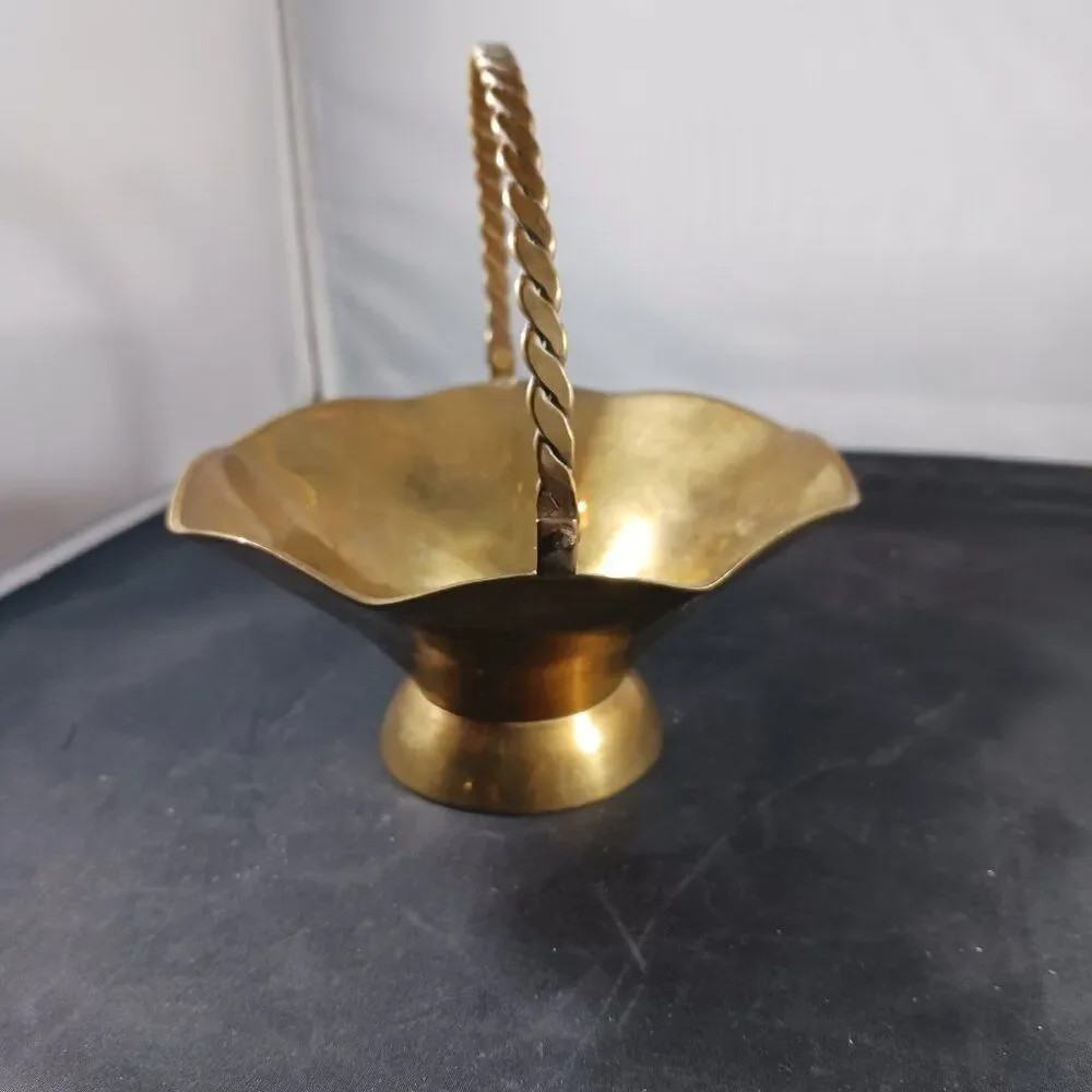 Vintage Small Solid Brass Basket with Handle